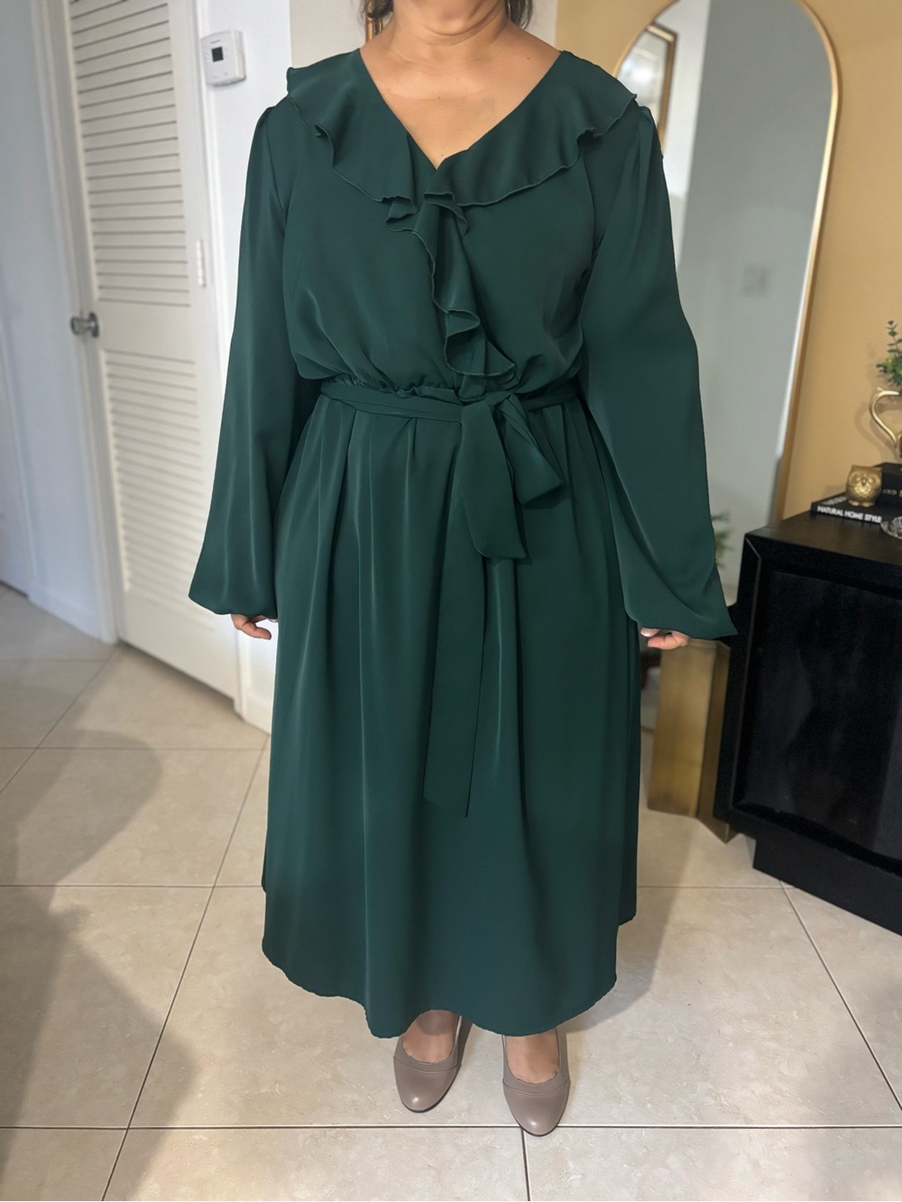 Women's Dark Green Ruffle-Trim Maxi Dress with Tie Waist